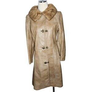 Vintage Tan Leather Trench Coat Fur Collar Brass Toggle Clasp Mid Length Jacket